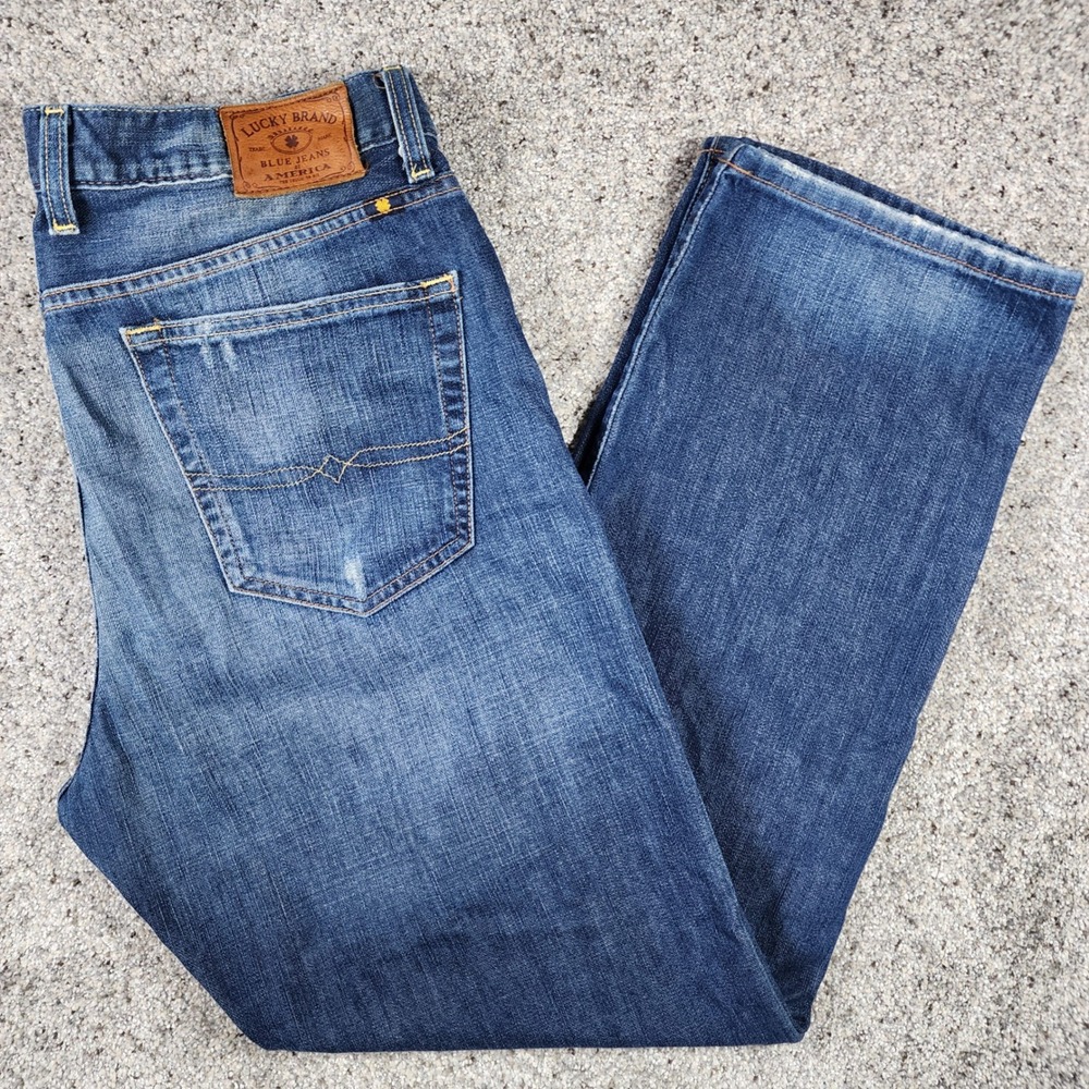Lucky Brand 329 Classic Straight Jeans Mens 34x30 Blue Denim Distressed Exc